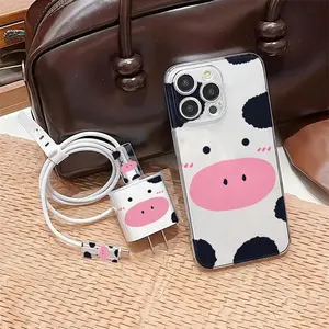 Cute Cow Pattern Phone Case with Charger Saver & Cable Protector & Storage Bag & Phone Holder, Anti-drop Cellphone Protective Case for iPhone, Casing