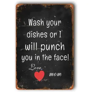 Kitchen Metal Tin Signs "Wash Your Dishes Or I Will Punch You In The Face", 12"x8" Sign Wall Decor, Funny Kitchen Home Decorations Sign, Coffee Bar Signs aluminum