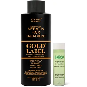KERATIN RESEARCH Gold Label Professional Results Brazilian Keratin Hair Treatment Blowout with Clarifying Shampoo Enhanced for All Hair Types Coarse Curly Black African Dominican Brazilian Dry Frizzy
