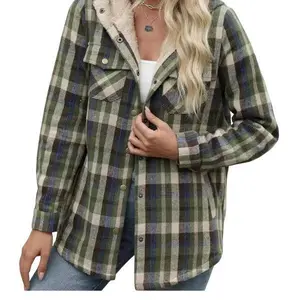 Women'sPlaidShacketJacketLongSleeveButtonDownFleeceHoodedCoatsWarmOuterwearClassicStyle&ComfortableDesignChicElegantWinterClothesFittedBlackCasualCollaredPieceOversizedHalfZipFleecePullover