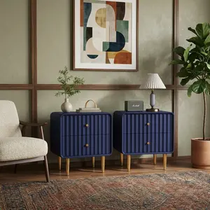 Modern Set of 2 Fluted Nightstand 2 Drawers Wood End Table with Gold Metal Handle Minimalist Storage Bedside Table for Bedroom Living Room Home Decor