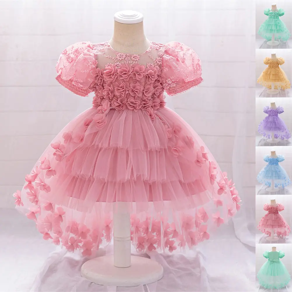 6M-3Y Pink Kids Clothes 0132 Embroidered Flower Anniversary Birthday Baptism Flower Girls Frock Ball Gown Pageant Children Elegant Princess Prom Host Formal Evening Party Banquet Dress for All Season