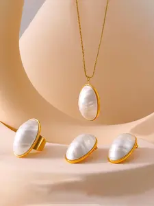 Fashion Faux Pearl Decorated Matching Jewelry Set, Elegant Oval Shaped Pendant Necklace & Ring & Earrings for Party, Daily Decor, Trendy All-match & Exquisite Jewelry for Birthday Gift