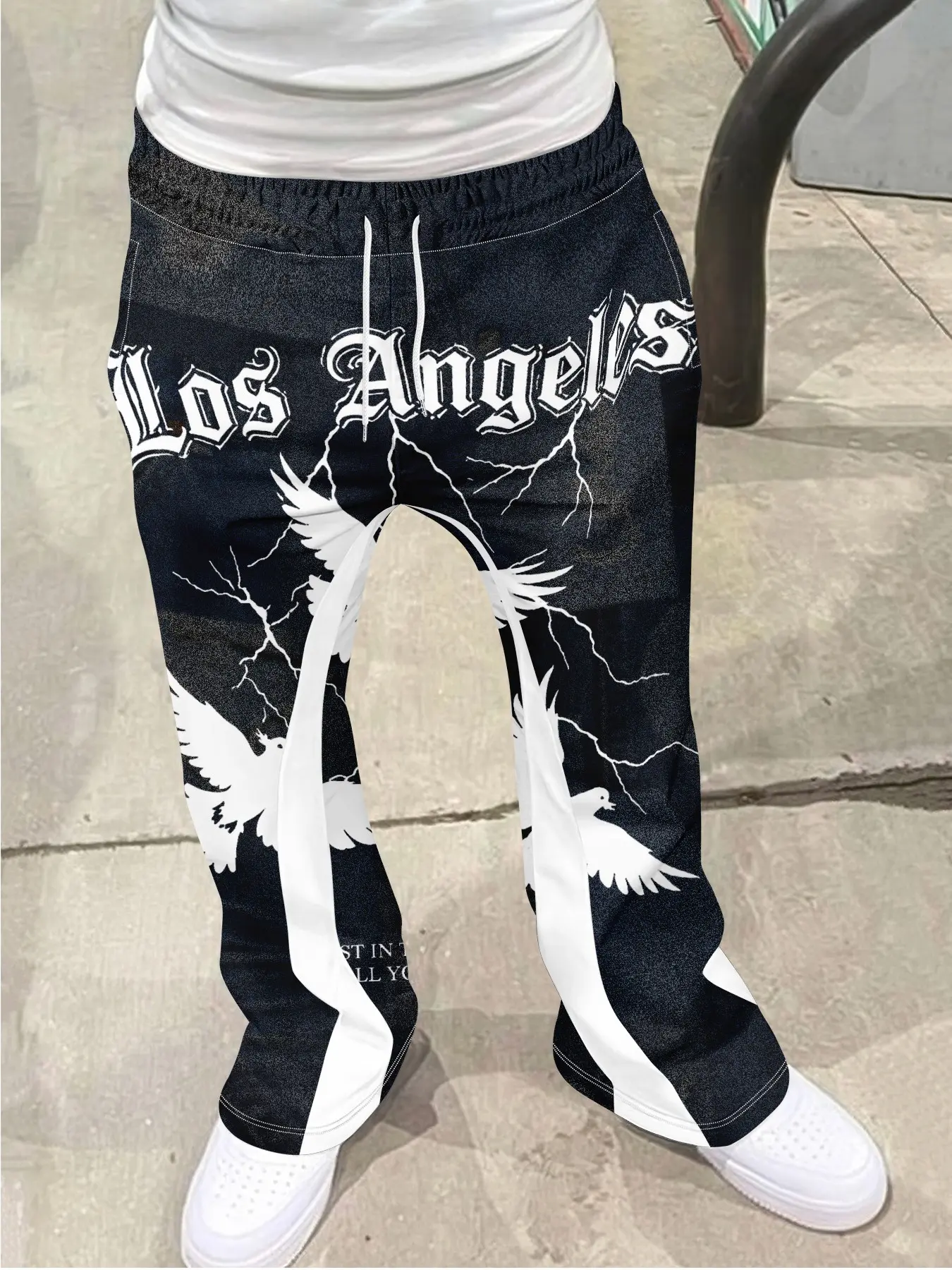 Men's Vintage Distressed Bell Bottom Pants, Luxury Print Drawstring Sports Pants, 3D Soft Breathable Fabric, Casual Daily Wear, Fashion, Vibe, Trouser, Casual Wear Bottoms