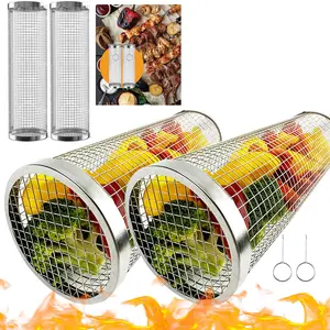 Outdoor BBQ Grill Basket Stainless Steel Round Portable Multi-Functional Rotating Drum, Outdoor Cooking Replacement Parts