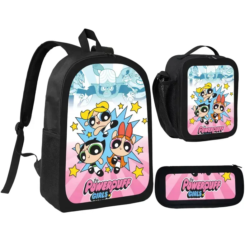 Powerpuff Girls Pink Theme 3-Piece Backpack & Black Student Stationery Combo, Anime Functional Backpack for Students