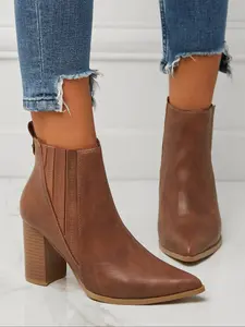 New Women's Pointed Toe Chunky Heel Short Boots, Thick Rubber Sole Chelsea Boots, Elegant Simple Height Increasing Work Daily Wear