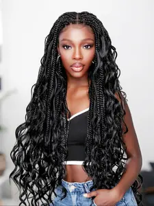 Boho Lace Wig Cap, Handmade Knot-Free Box Braids, 200% Density Cornrow Wave Headband Wig, Fashion Gift for Women
