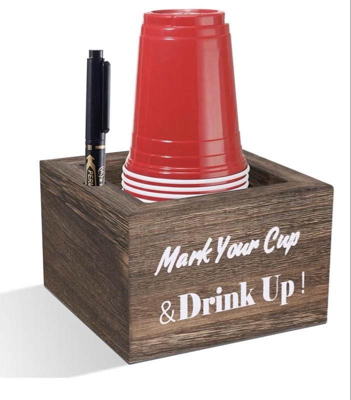 Wooden Cup Holder - Party Cup Holder with Marker Slot, for Party and Wedding, Rustic Disposable for Bar, Kitchen, Countertop, Home & Office, Brown