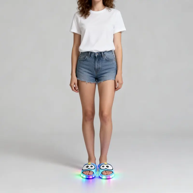 BIQIHERE Women's Heel-Activated LED Lights Open-Toe Slip-On PVC Slippers - Flexible, Soft Cozy, Fast Changes, Playful Cartoon Eyes, Breezy Summer Footwear for Concerts, Party, Evening, Indoor-Outdoor Use (It Fits From Living Room to Patio)