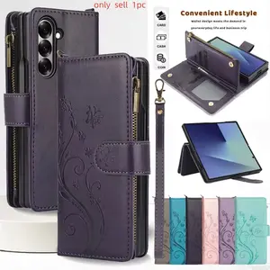 Pattern Leather Wallet Phone Case for Samsung Galaxy Z Fold 7 6 5 4 3 fold6 fold5 fold4 fold3 Wrist Strap Flip Card Holder Cover