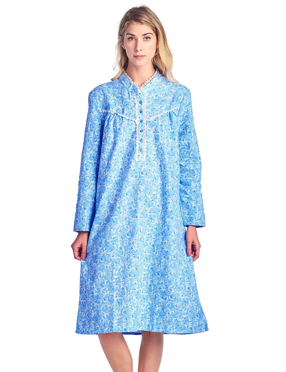 Casual Nights Women's Classic Soft Cotton Flannel Long-Sleeve High-Neck Regular Fit Nightgown - All Seasons, Contrast Lace Trim, Lightweight, Feminine, Comfortable Sleepwear & Loungewear