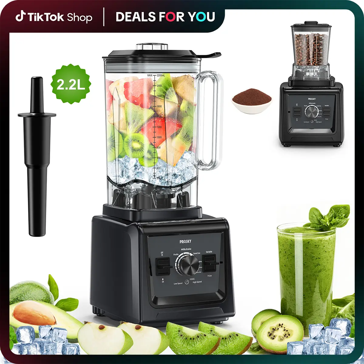 Prasky Professional Blender,Large capacity Smoothies Blenders, PRASKY Max 2400Watts/1000Watts Blender and Grinder Combo 25000RPM Powerful Kitchen Blen