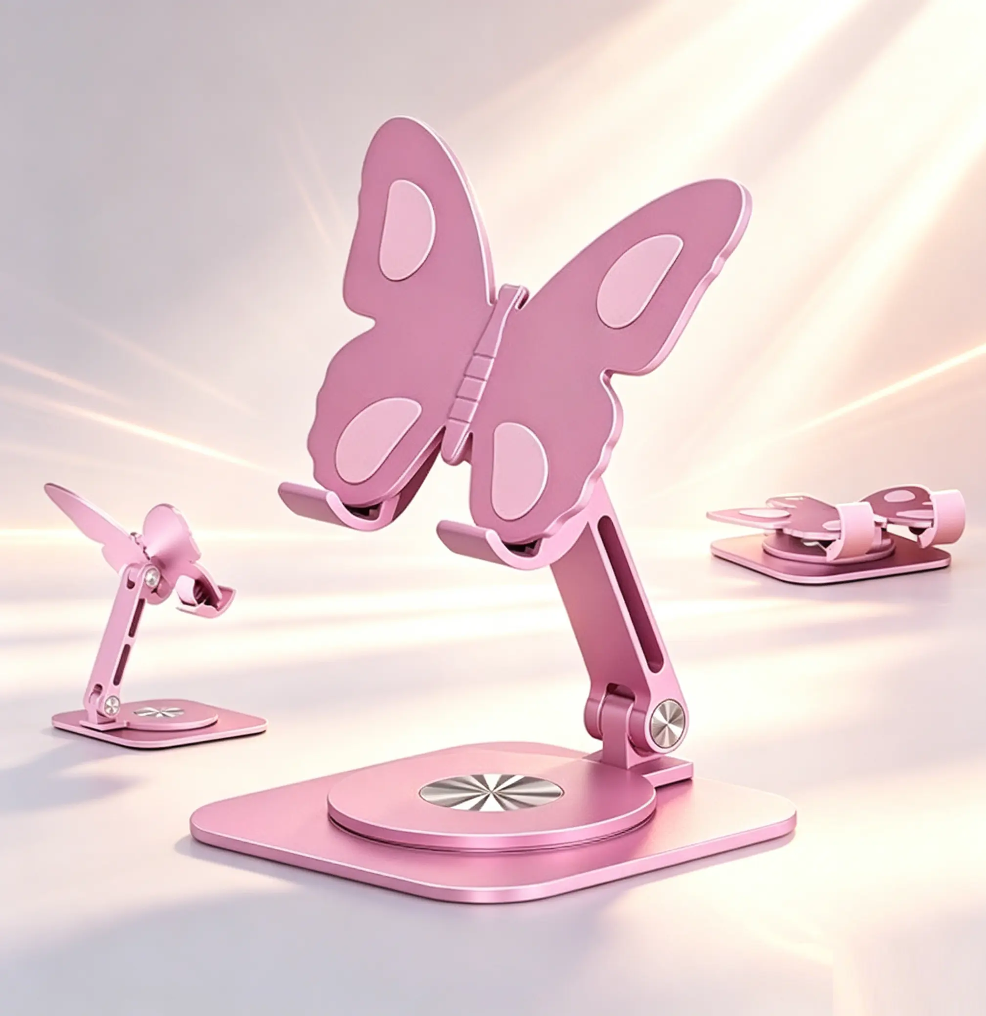Pink Butterfly Premium Metal Aluminium Alloy Folding Adjustable Phone Stand - Full-Angle Rotatable Desktop Mount, Non-Slip Stable Base, Graduation Gift Desk Accessory for Most Smartphone, Cellphone, Office Accessories, Home Supplies (Study, Daily Leisure)