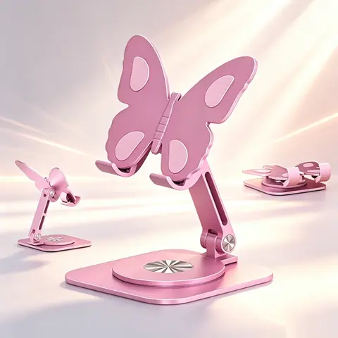 Pink Butterfly Premium Lightweight Metal Mobile Phone Stand - Aluminium Alloy, Foldable, Adjustable, Full-Angle Rotatable Desktop Mount, Non-Slip Base, Graduation Gift Desk/Office Accessories, Cool Office Stuff for Desk, Home Supplies (Study)
