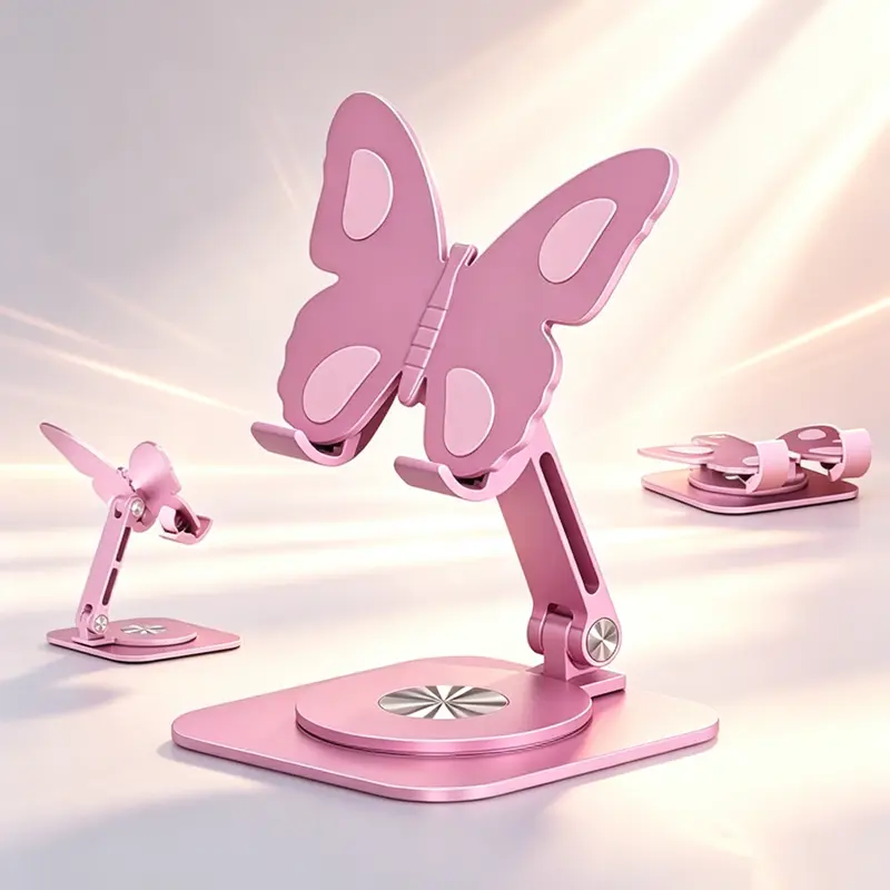 Pink Butterfly Premium Lightweight Metal Mobile Phone Stand - Aluminium Alloy, Foldable, Adjustable, Full-Angle Rotatable Desktop Mount, Non-Slip Base, Graduation Gift Desk/Office Accessories, Cool Office Stuff for Desk, Home Supplies (Study)