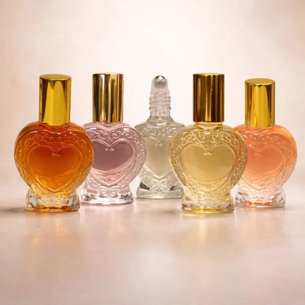 Heart Shaped Glass Perfume Bottle - 0.5 oz Empty Executive Vial with Stainless Steel Roller, Gold Cap, Floral Fragrance Compatible Gold, Vintage, Refillable Perfume Device Storage Bottles & Jars