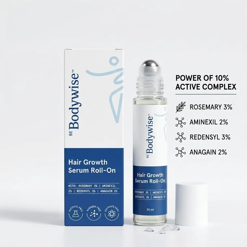 Be Bodywise Advanced Hair Growth Roll-On Serum | 3% Rosemary | 2% Aminexil | 3% Redensy l 2% Anagain | Precision Scalp Applicator | Paraben & Sulphate Free | Non oily and mess free