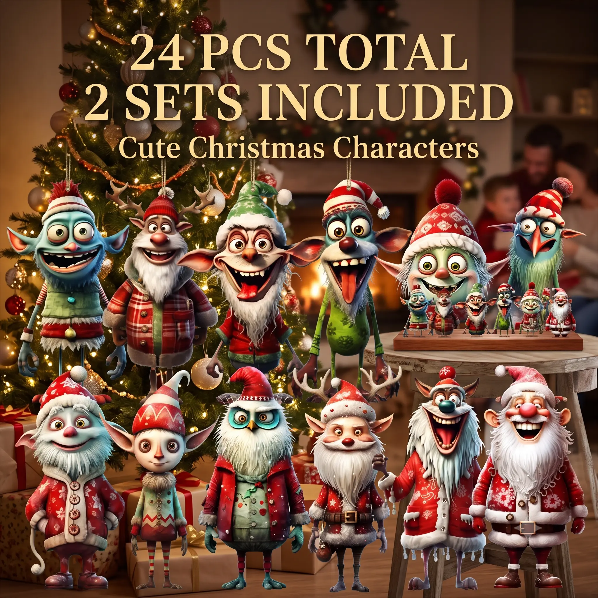 24PCS Christmas Wooden Ornaments Set, 2 Packs Cute Christmas Character Hanging Decorations, Funny Holiday Elf Santa Figures, 2D Flat Wooden Pendants for Christmas Tree Home Decor