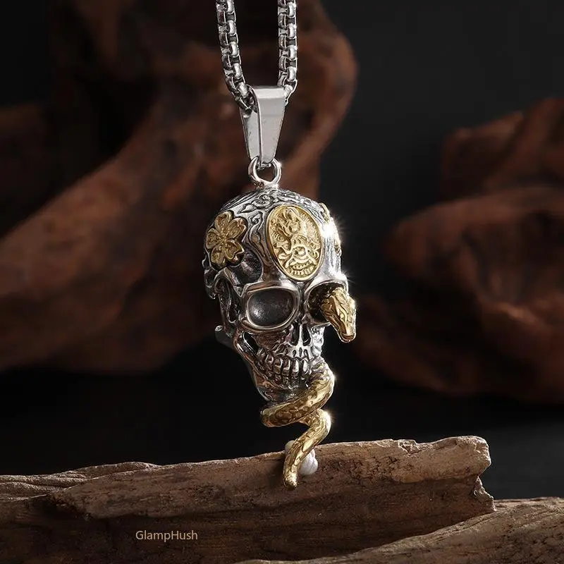 Gothic Skull Snake Pendant Necklace for Men, Vintage Streetwear Jewelry for Halloween Party & Daily Wear, Gothic Protective Gear, Necklaces, Male, Dark Streetwear Charm, Casual, Edgy Protective Gear
