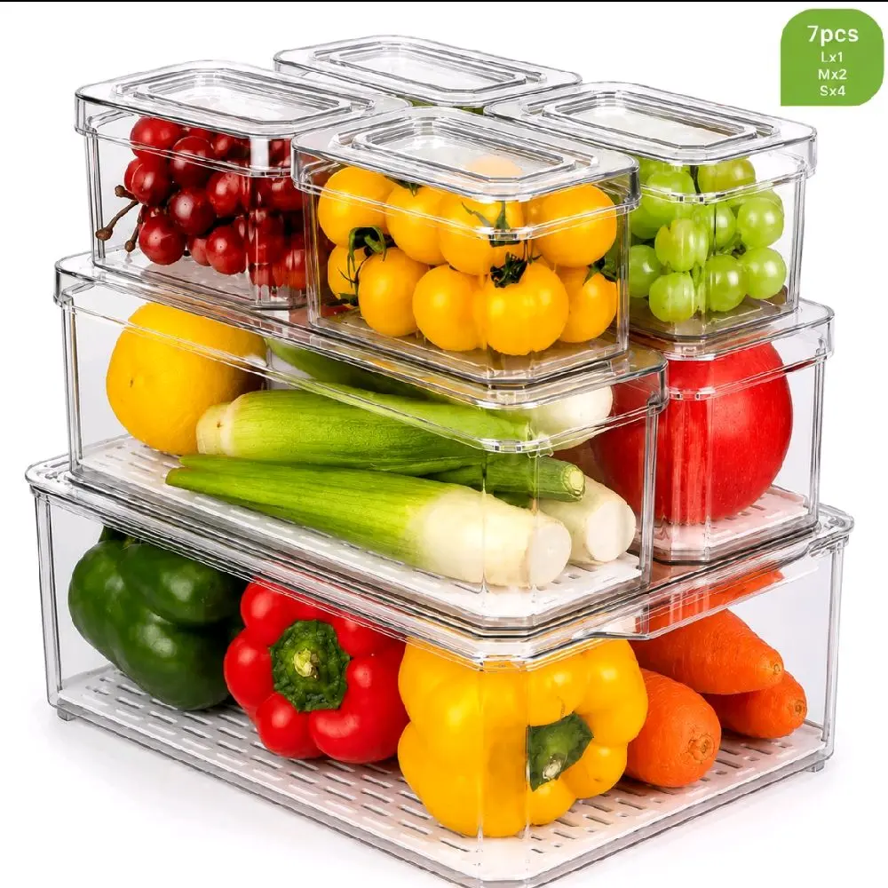 7 Pack Stackable Refrigerator Storage Containers with Lids, Clear Fridge Organizer Bins for Fruits, Vegetables, Drinks, Snacks & Meal Prep, BPA-Free Kitchen Storage Set