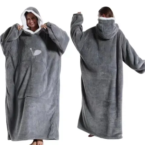 Coral Fleece Warm Wearable Hoodie Blanket - Oversized Modern Design with Cute Fruit Print, Giant Pocket, 140cm Size, 160cm Waist, Outerwear for Lounging, Chilly Nights