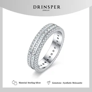Drinsper Wide S925 Dvvs Synthetic Moissanite Sterling Silver Ring for Men Women Girls Triple-row Miami Hiphop Style Suitable for Daily Wearing Casual Outfit Chrismas Jewelry Gift for Girlfriend Boyfriend Mom