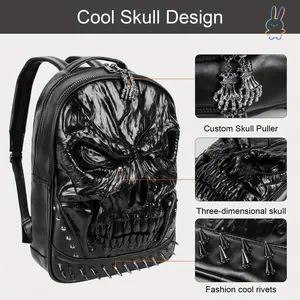 ERT-XUANNIAO 3D Skull PU Leather Backpack - Edgy Steam Punk Rivet Design, Adjustable Straps, TSA-Friendly, Black, Perfect for Travel, School, and Daily Use