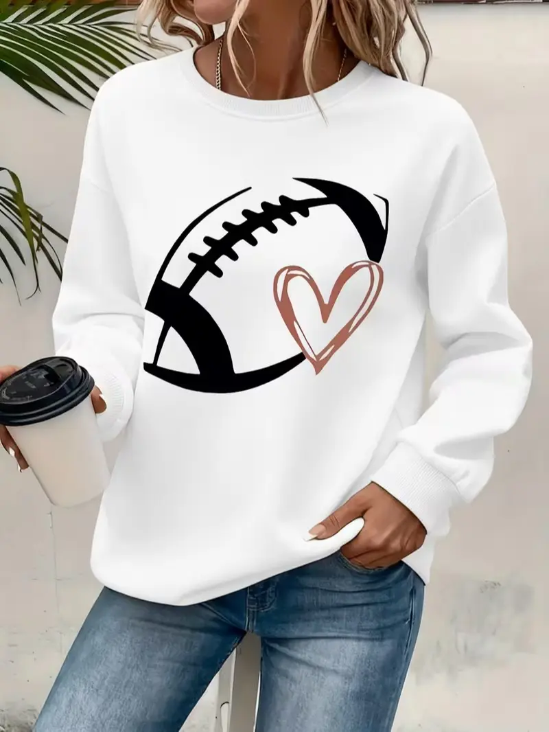 Football With Hand‑Drawn Heart Front Print Fleece Crewneck Sweatshirt, Game Day Sports Pullover, Daily Holiday Gift