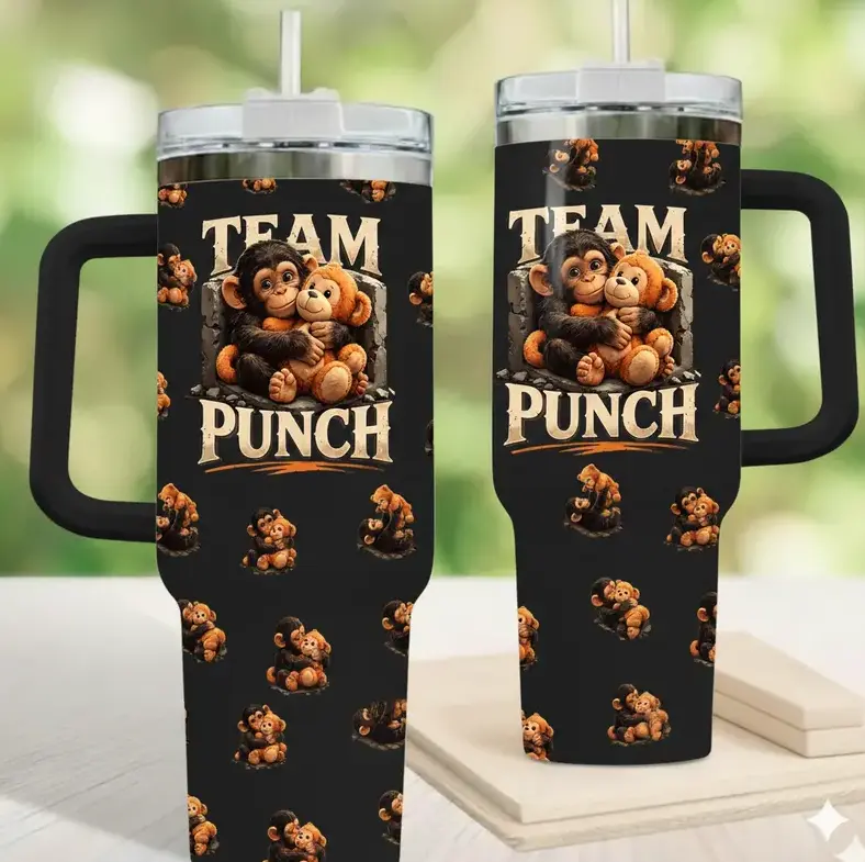 [Gift Box & Straw] Cute Monkey Inspirational Style Little Punch Big Heart Tumbler 40oz With Handle, Stainless Steel Insulated Travel Mug, Adorable Animal Graphic Drinkware Gift For Mom Dad Kids