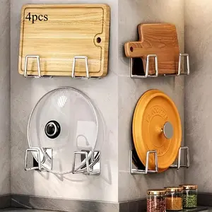 4pcs, Kitchen Storage Rack, Punching-free Wall-mounted Pot Cover Rack, Under Cabinet Cutting Board Rack, Serving Board Rack, Multi-functional Storage Rack, Kitchen Accessories