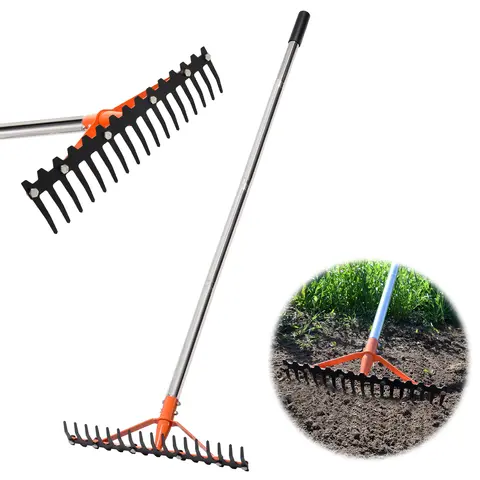 CKLT 62-Inch Stainless Steel Handle Bow Rake, Garden Rake, 17 Tempered Spring Steel Tines, Durable Gardening Tools for Soil Loosening, Raised Bed Ridging, Mulch, Chicken coop