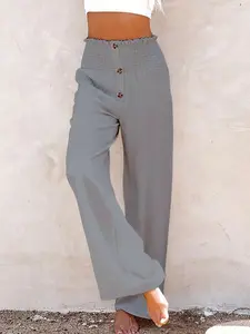 Women's Plain Elastic Waist Wide Leg Pants, Casual Comfy Trousers for Spring & Fall, Women's Bottoms for Daily Wear