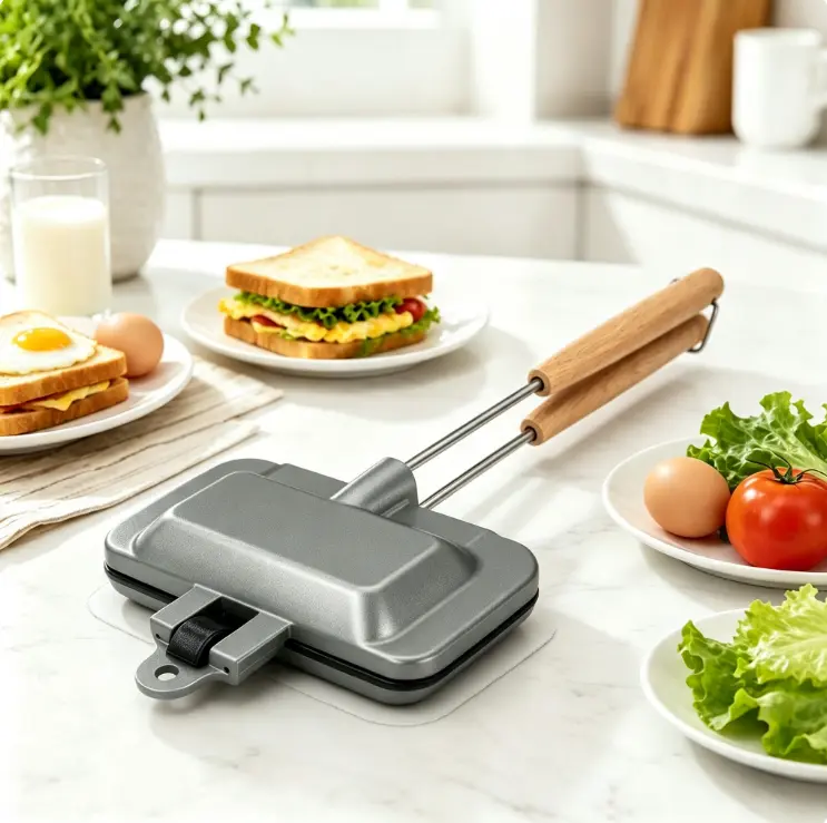 Compact Minimalist Sandwich Grill Pan - Ergonomic Clamp with Stick, Space-Efficient Foldable Thermal Bake Tool for Kitchen Countertops & Camping Cookware, Omelette Pan