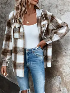 Loose Plaid Casual Shirt, Open Front Plaid Print Drop Shoulder Drawstring Hoodie Jacket, Stylish and Comfortable Outerwear