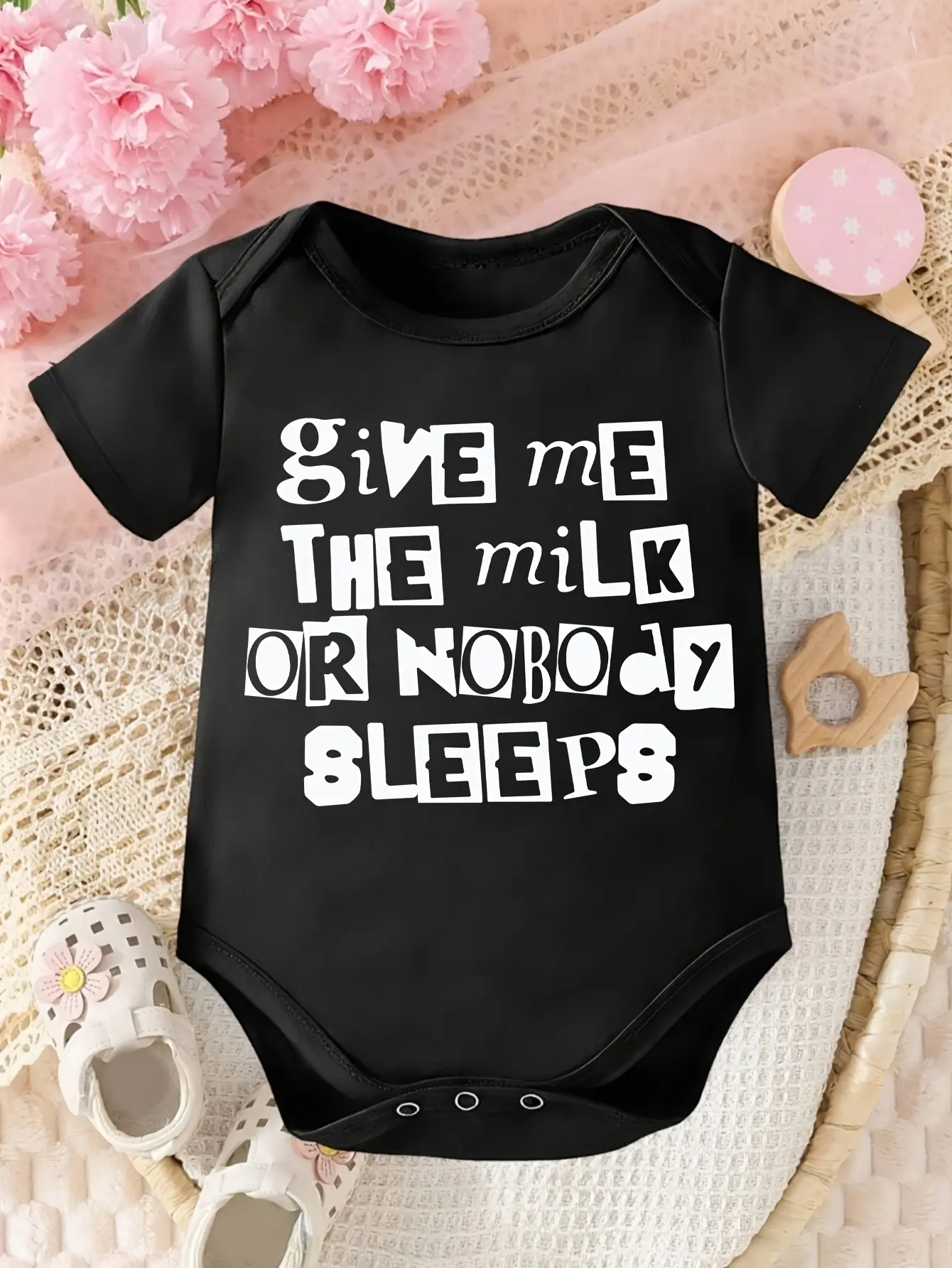 Baby Black Short Sleeve Onesie, Give Me The Milk Or Nobody Sleeps Funny Spliced Letter Newborn Cotton Bodysuit