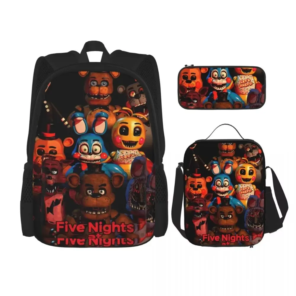 FNAF Movie Cartoon 3pecs/set Backpack for Boys Girls Laptop Computer Canvas Bags Lunch bag Pencil Case