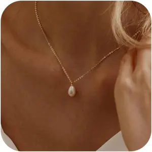 Dainty Single Pearl Necklace for Women - 14K Gold Plated Adjustable Lariat Choker, Wedding Bridesmaid Gift for Mom Wife