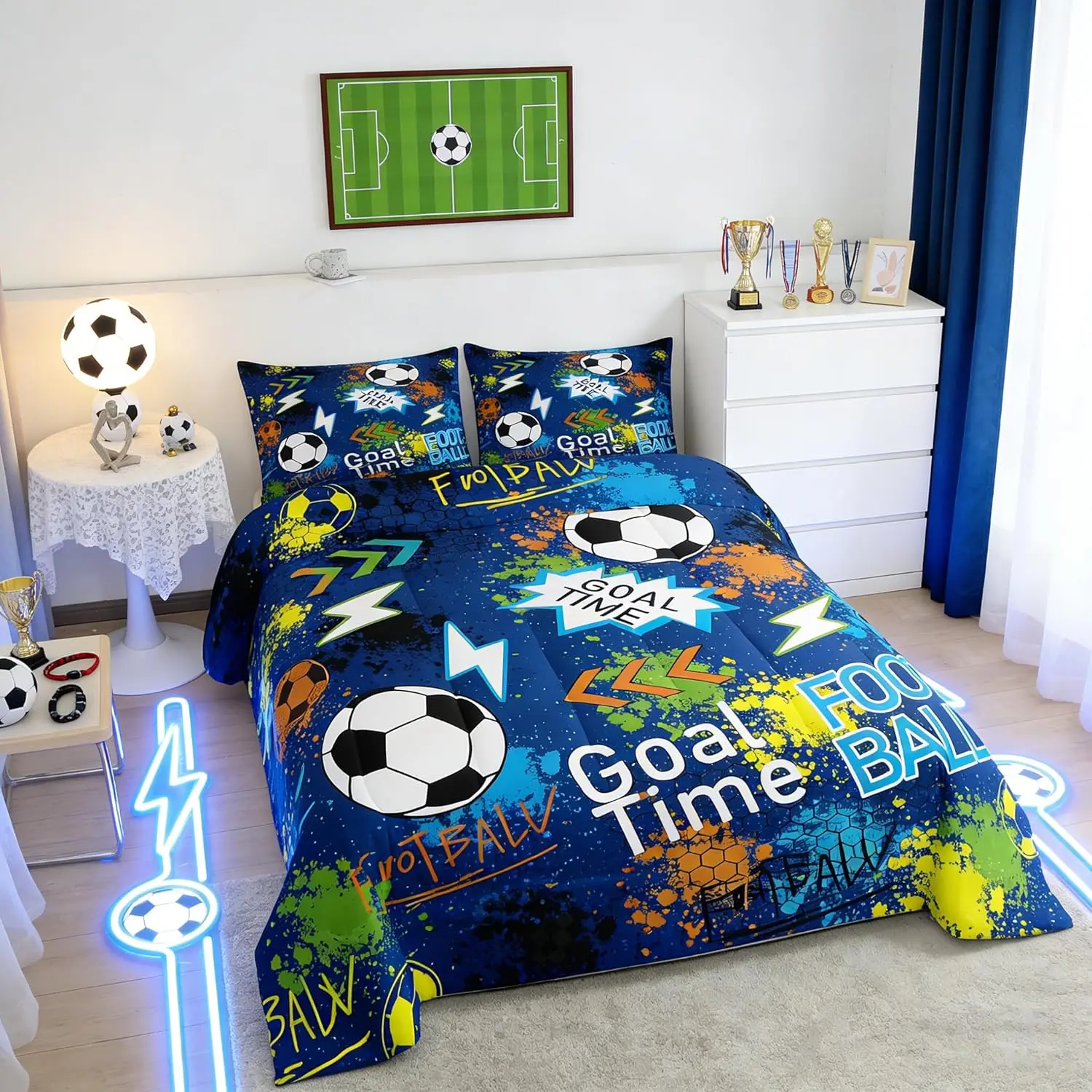Soccer Ball Print Comforter Football Bedding,Ball Game Bedding Sets & Collections Sports Theme Down Comforter,Blue Duvet Modern Cool Design Room Decor