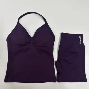 DFYNE Impact Seamless High-Waisted Scrunch Shorts Set for Women – Padded Halter Sports Bra Workout Set