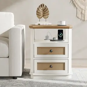 End Table with Charging Station, 18" Small Modern Farmhouse Bedside Table with Rattan Drawers, Tall Side End Table & 2-Drawer Dresser for Bedroom, Living Room, Hallway