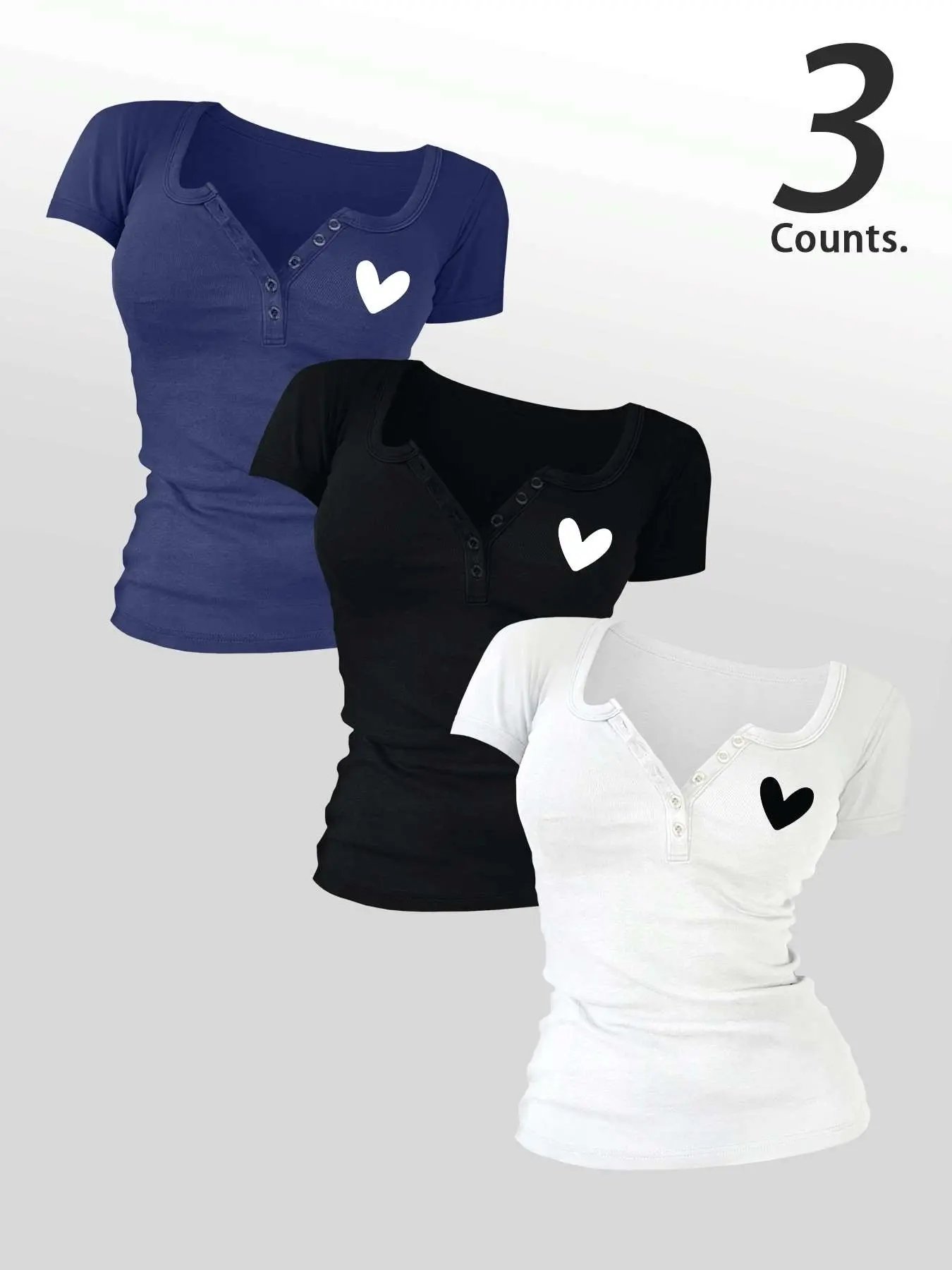 Hearts Printed Women's  Buttons 3 Pieces  V Neck Tee, Casual Women's Short-Sleeve Fit T-shirt For Summer, Ladies Basic Clothes for Daily Wear, TikTok Trending T-shirt Women