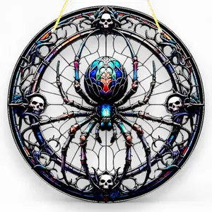 9 in Hangable Gothic Spider Stained Glass-Style Window Hanging Suncatcher, Skull-Decorated Light-Filtering Home Decor Artwork, Ideal Gift for Gothic Home Supplies Enthusiasts