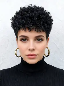 pixie wig short kinky curly  natural black brown burgundy 99j color daily party cosplay use wig machine made pixie wig 150% Denisty pixie cut human hair wigs for women Natural Looking Wig