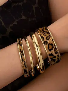 4pcs Leopard Print PU Leather and Simple Metal Wide Bracelet Set, Bohemian Style Jewelry, Perfect for Women, Ideal for Vacations and Parties