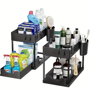 2 Pack Under Sink Organizers and Storage, 2-Tier Sliding Cabinet Basket Organizer with Hooks, Multi-Purpose Under Sink Organizers and Storage for Bathroom Kitchen