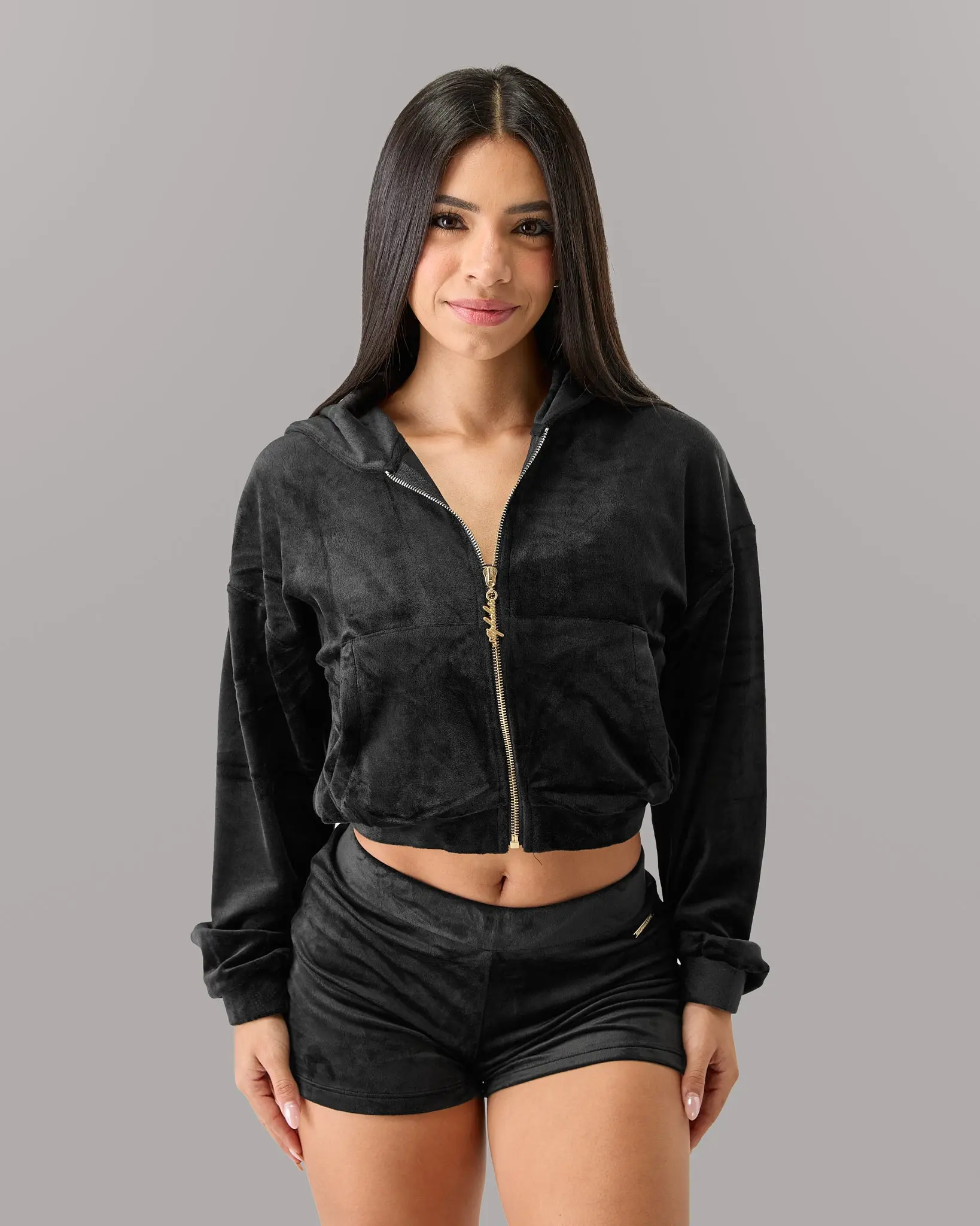 Women's Velour Zip Hoodie in Black, Buttery Soft Relaxed Fit Sweatshirt with Smooth Stretch Fabric for Gym and Loungewear, Polyester, Spandex, Long Sleeve, Tops, Sweatshirts, Casual, Cold Wash