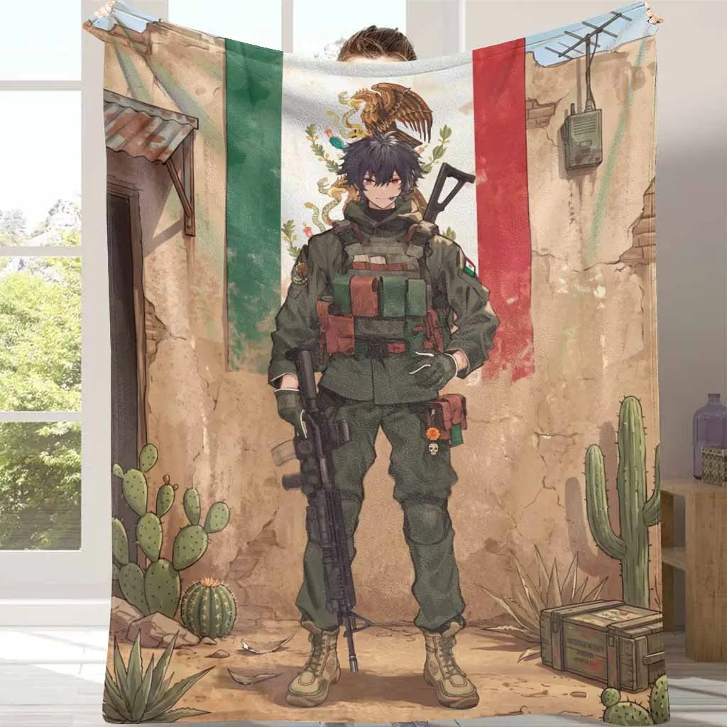 Anime Tactical Soldier Flannel Blanket - Mexican Flag Desert Cactus Print, Ultra-Soft Lightweight Plush Fleece Throw, Wrinkle Resistant, Durable, Breathable, Machine Washable, Multi-Size, Home/Camping Use, Unique Birthday Gift, Indoor/Outdoor, Flannel Fab