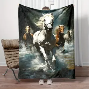 Single-Sided Printed Flannel Blanket | Galloping White & Brown Horses | All-Season Cozy Throw Gift