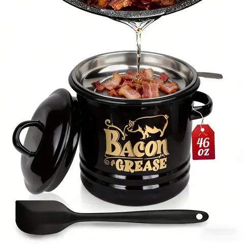 LUITON 46 oz Vintage American Style Enamel Metal Bacon Grease Container - Removable Anti-Leakage Net, Lid, Food-Grade Spatula, Lightweight Red-Black Oil Dispenser, Durable Dishwasher-Safe Kitchen Utensil Keeper (3.9 x 3.9 x 6.7 inches)